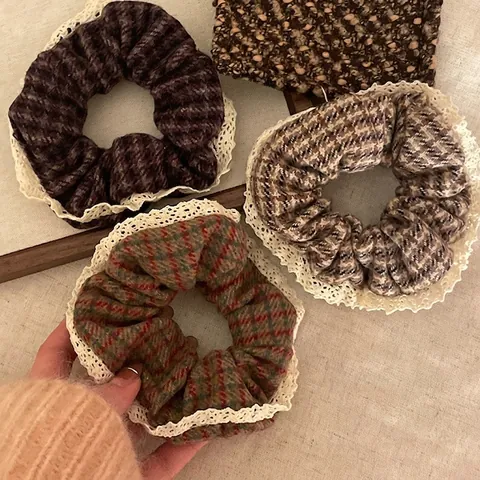 Scrunchie a Quadri in Pizzo Francese Vintage per Donna Autunno Inverno Tessuto Spesso Elastico per Capelli Coda di Cavallo