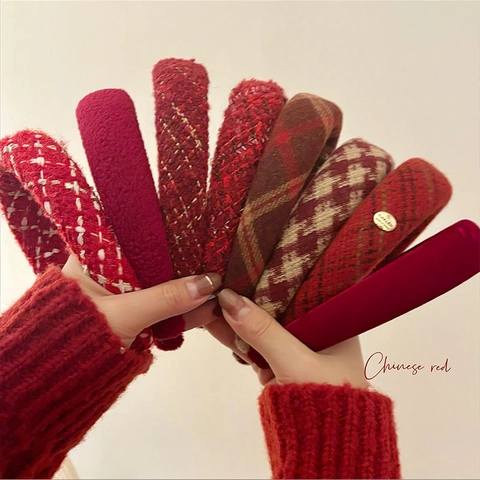 Chinese Red Vintage Padded Headband For Women Handmade Fabric High Top Hair Hoop Non-slip New Year Festive Hair Accessories