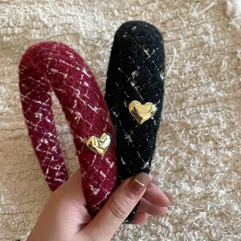 Französisch Vintage Tweed Schwamm Haarband Für Damen Elegant High Top Haarreif Mit Gold Herz Haarschmuck Rot Schwarz Stil