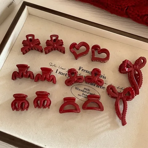 Fermagli per Capelli in Resina Rossa di Moda Piccola Pinza Vintage Fiocco Cuore Geometrico Forcine per Capelli Donna Elegante