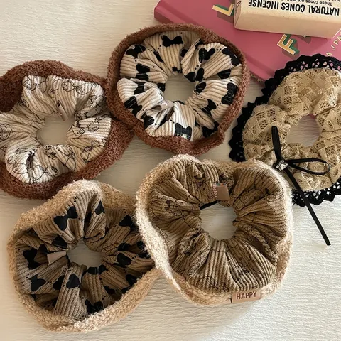 Vintage Spitze Schleife Haargummi Cordsamt Plüsch Teddybär Muster Haarbänder Eleganter Französischer Stil Damen Haarschmuck