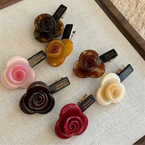 Französischer Acetat Rosen Haarclip Eleganter 3D Blumen Seitenclip Vintage Handgefertigter Haarschmuck Für Damen Mädchen Schmuck