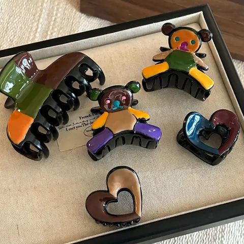 Vintage Blocchi di Colore Orso Cuore Fermaglio per Capelli Donna Acrilico Goccia d'Olio Accessori per Capelli Coreani