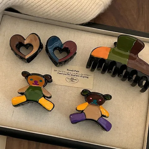 Vintage Blocchi di Colore Orso Cuore Fermaglio per Capelli Donna Acrilico Goccia d'Olio Accessori per Capelli Coreani