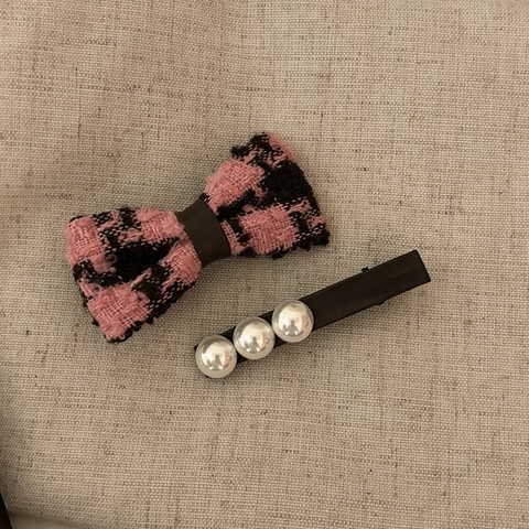 Set di Fermagli per Capelli con Fiocco in Lana Houndstooth e Spilla di Künstliche Perle Elastico per Capelli in Tessuto Tweed Rosa per Donna