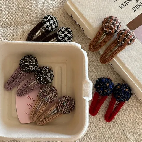 Fermaglio per Capelli in Maglia Vintage per Donna Retrò Tweed Rotondo a Scacchi BB Clip Simpatici Accessori per Capelli in Tessuto Coreano