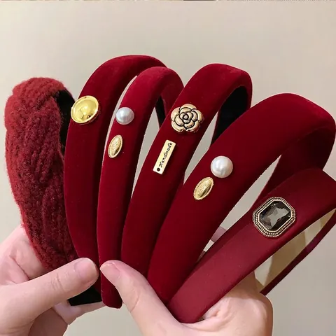 Cerchietto Imbottito Rosso Vino Stile Francese Retrò per Donna in Velluto a Maglia Cerchio per Capelli in Spugna