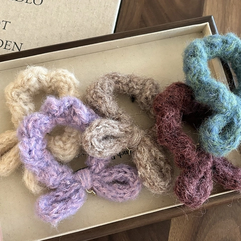 Handgefertigt Gestrickte Wollgarn Haargummis Schleife Scrunchies Hoch Elastisch Weich Haarschmuck Für Damen Winter Alltag Mode Kopfschmuck