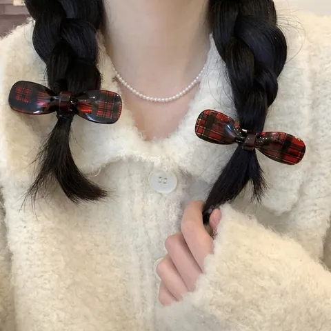 Red Black Plaid Bow Star Hair Clip For Women Retro Fabric Duckbill Clip Geometric Plaid Hairpin Fashion Hair Accessories
