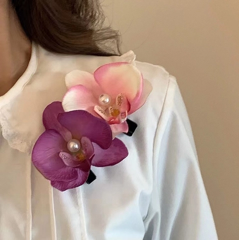 Fermaglio Per Capelli Orchidea Simulazione Con Perla Artificiale Tessuto Floreale Clip Frangia Per Donne Vacanze Accessori