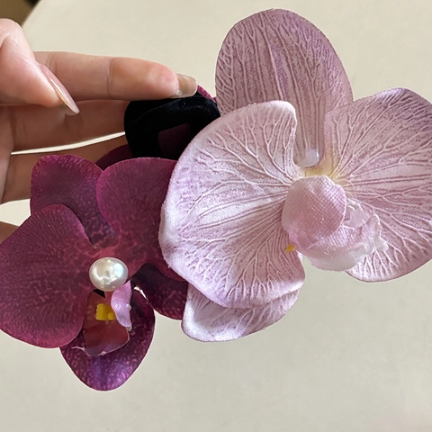 Fermaglio Per Capelli Orchidea Simulazione Con Perla Artificiale Tessuto Floreale Clip Frangia Per Donne Vacanze Accessori