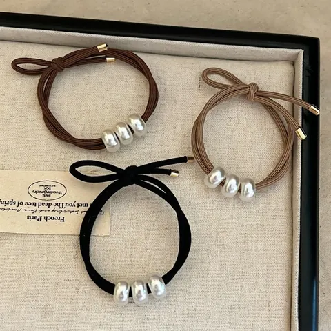 Elegant Simple Artificial Pearl Hair Tie Double Strand Elastic Hair Rope Bowknot Hair Band For Women Fashion Hair Accessory