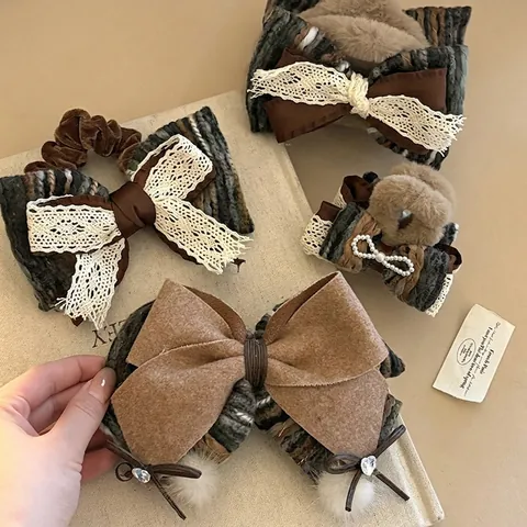 Vintage French Bow Hair Clip Lace Tweed Large Shark Claw Clip For Women Elegant Artificial Pearl Hair Accessories Decoration