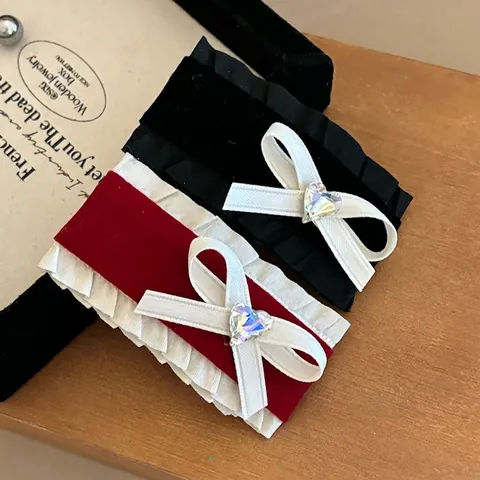 Fermaglio per Capelli in Velluto con Fiocco e Bordo in Pizzo Francese Lolita Cuore Strass Molletta per Capelli Accessori Donna