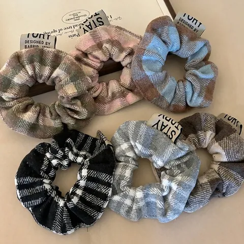 Damen Vintage Karomuster Stoff Haargummis Mit Webetikett Preppy-Stil Elastische Haarbänder Karos Haarschmuck Accessoires