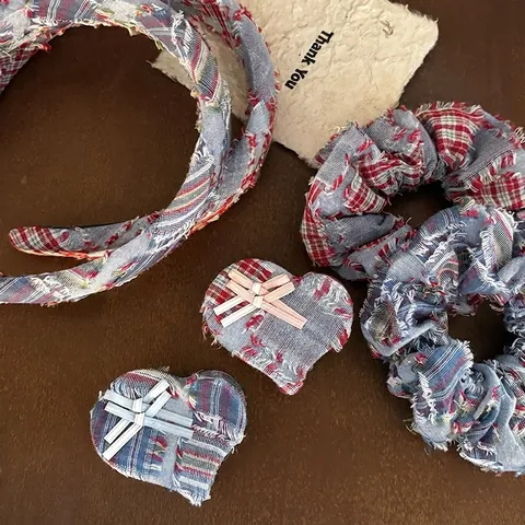 Vintage Denim Fabric Plaid Headband With Heart Pattern Blue Pink Frayed Edge Retro Hair Accessories For Women Sweet Style