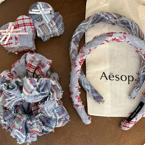 Vintage Denim Fabric Plaid Headband With Heart Pattern Blue Pink Frayed Edge Retro Hair Accessories For Women Sweet Style