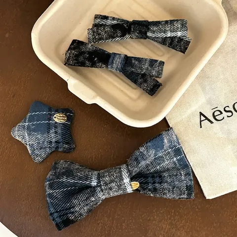Fermagli per Capelli a Fiocco Plaid Vintage per Donna Dolce Stile Preppy Stella Modello Tessuto Forcine Fatto a Mano Gioielli per Capelli