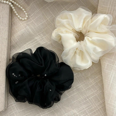 Elegant Doppelschicht Netz Künstliche Perle Haargummi Organza Haargummi Für Damen Große Elastische Haarband Mode Kopfschmuck Accessoire