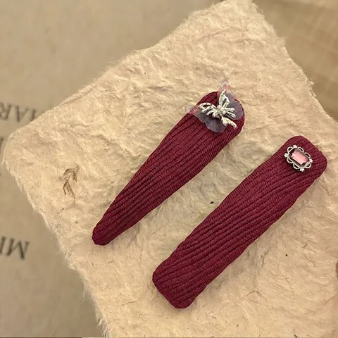 Set di Fermagli per Capelli a Farfalla in Tessuto a Costine Bordeaux da Donna con Strass Rosa e Perla Artificiale Clip a Becco d'Anatra Fatto a Mano