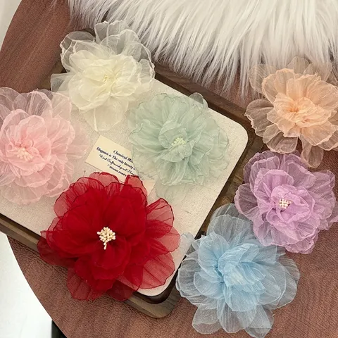 Große Organza Mesh Blume Haarklammer Handgefertigt 3D Floral Seitenclip Elegante Haaraccessoires Für Damen Urlaub Strand