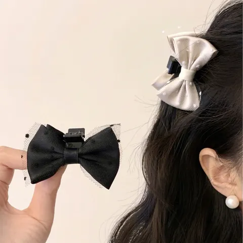 Pince à Cheveux Élégante Nœud en Satin Maille à Pois Griffe à Cheveux Femme Style Princesse Doux Accessoire de Cheveux Mode