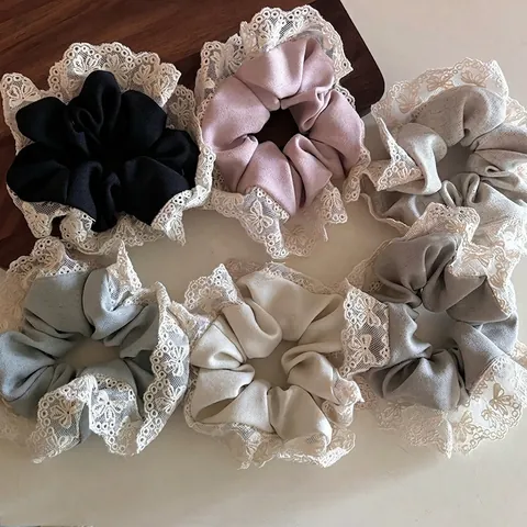 French Vintage Lace Trim Scrunchies For Women Large Fabric Hair Ties Elastic Hair Bands Elegant Solid Color Headwear Accessories