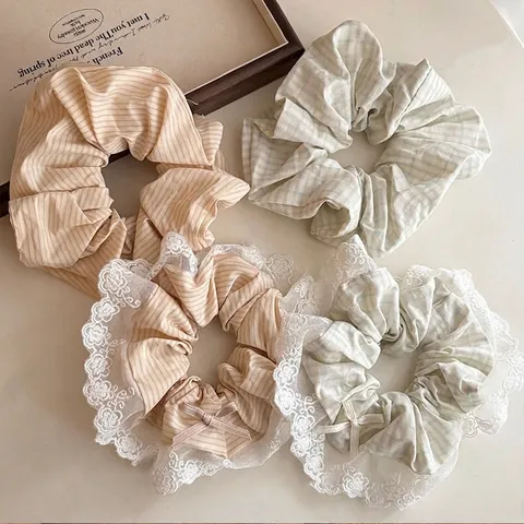 Grandi Elastici Per Capelli In Stile Coreano Con Fiocco In Pizzo E Motivo A Righe Corda Per Capelli Floreale Vintage Per Donna