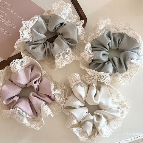French Vintage Lace Trim Scrunchies For Women Large Fabric Hair Ties Elastic Hair Bands Elegant Solid Color Headwear Accessories