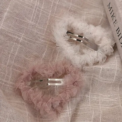 Women Elegant Gauze Mesh BB Hair Clips Sweet Pleated Lace Heart Oval Shape Bangs Side Clips Romantic Hair Accessories