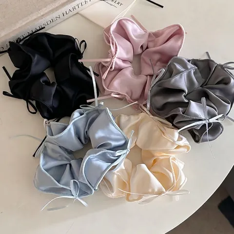 Elegant Satin Ribbon Bow Scrunchie Solid Color Pleated Hair Tie Silk Like Large Hair Ring For Women Daily Headwear