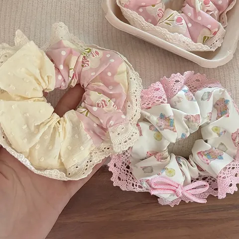 Elastici per Capelli in Pizzo con Fiocco Rosa e Orso Vintage Stile Coreano Floreale Pois in Tessuto Grandi Accessori per Capelli Eleganti da Donna
