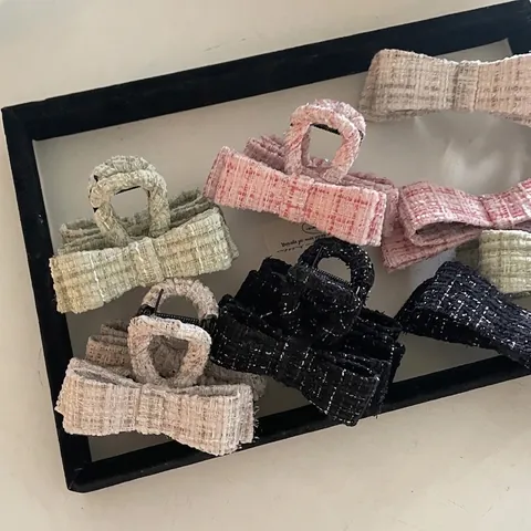 Elegante Tweed Strik Haarklauw Clip Voor Dames Vintage Geweven Stof Haaienclip Luxe Gevoel Haaraccessoires