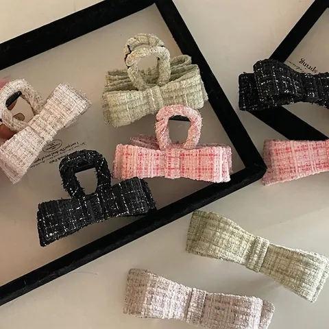 Elegante Tweed Strik Haarklauw Clip Voor Dames Vintage Geweven Stof Haaienclip Luxe Gevoel Haaraccessoires