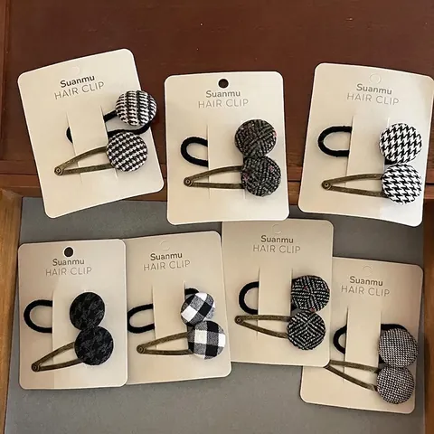 Ensemble de Pinces à Cheveux en Tissu à Motifs Pied-de-poule Vintage Alliage Acrylique Élastique à Cheveux pour Femmes Enfants
