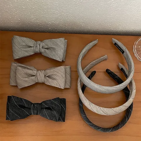 Copricapo Fatto a Mano in Tessuto a Spina di Pesce con Fiocco Cerchietto Vintage Grigio a Strisce Accessori per Capelli Elegante Donna Quotidiano