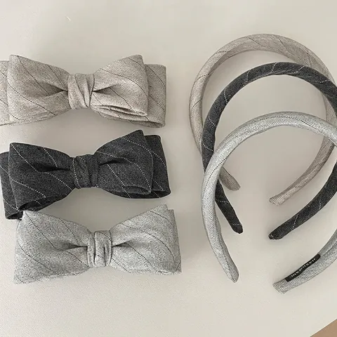 Copricapo Fatto a Mano in Tessuto a Spina di Pesce con Fiocco Cerchietto Vintage Grigio a Strisce Accessori per Capelli Elegante Donna Quotidiano