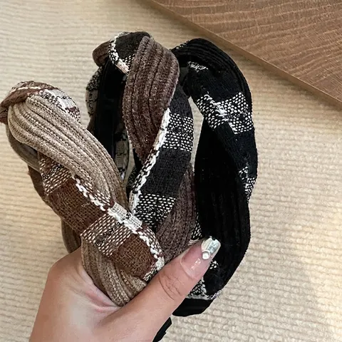 Vintage Plaid Twist Knot Headband For Women Retro Wide Fabric Hair Band Autumn Winter High Crown Anti-Slip Headwear