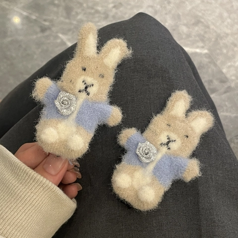 Cute Plush Rabbit Hair Clip For Girls Sweet Cartoon Animal Hairpin Beige Blue Handmade Fabric Hair Accessories