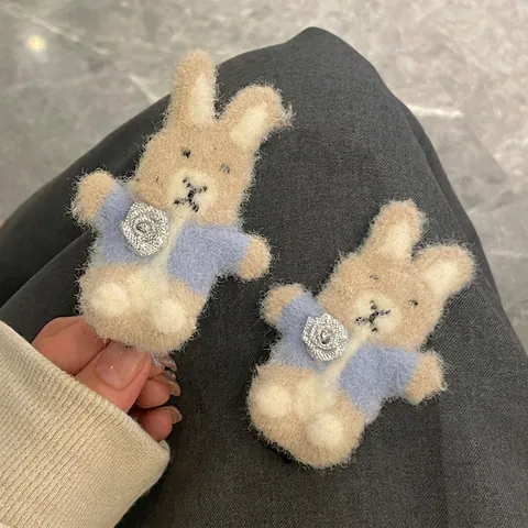 Cute Plush Rabbit Hair Clip For Girls Sweet Cartoon Animal Hairpin Beige Blue Handmade Fabric Hair Accessories
