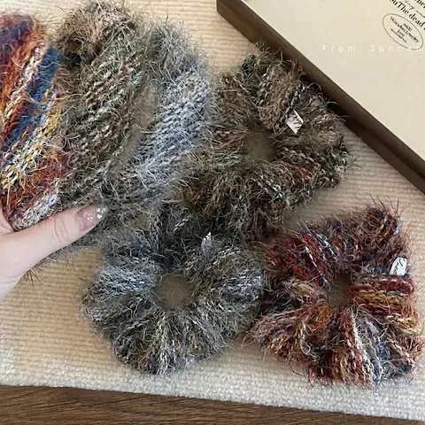 Chouchous Et Bandeaux Rayés En Laine Pelucheuse Pour Femmes Rétro Colorés En Fil Mélangé Attaches Pour Cheveux Accessoires De Coiffure De Mode
