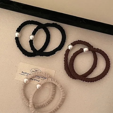 Coleteros De Tela De Alta Elasticidad Con Decoración De Perla Artificial Negro Blanco Roto Caqui Accesorios Para El Cabello Mujer