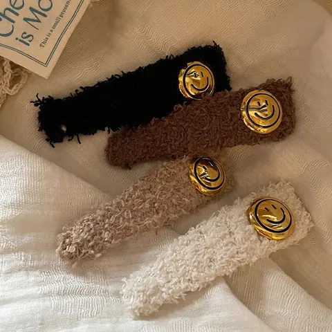 Fermaglio per Capelli in Tessuto Peluche Vintage Con Faccina Sorridente in Metallo Piccola Forcina per Donna Accessorio