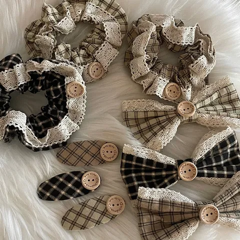 Fermagli per Capelli e Elastici Vintage a Quadri Con Fiocco Bordo in Pizzo Bottone Fatto a Mano Accessori per Capelli in Stoffa Donna