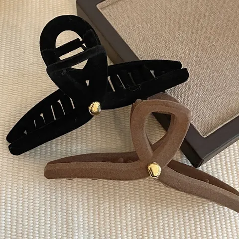 Large Flocking Shark Hair Clip For Women Elegant Black Khaki Matte Hair Claw With Gold Bead Decoration Thick Hair Styling Tool