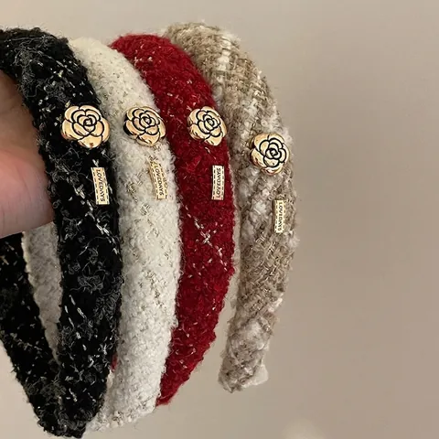 Diadema de Tweed Francesa Vintage con Camelia Elegante Diadema Esponja High Top de Tela Rayada Accesorios para el Pelo Mujer