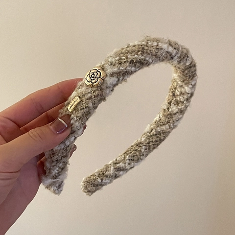 Diadema de Tweed Francesa Vintage con Camelia Elegante Diadema Esponja High Top de Tela Rayada Accesorios para el Pelo Mujer