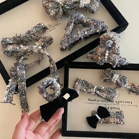 French Vintage Tweed Bow Hair Clip With Artificial Pearl Elegant Blue Grey Fabric Shark Clip Duckbill Clip For Women