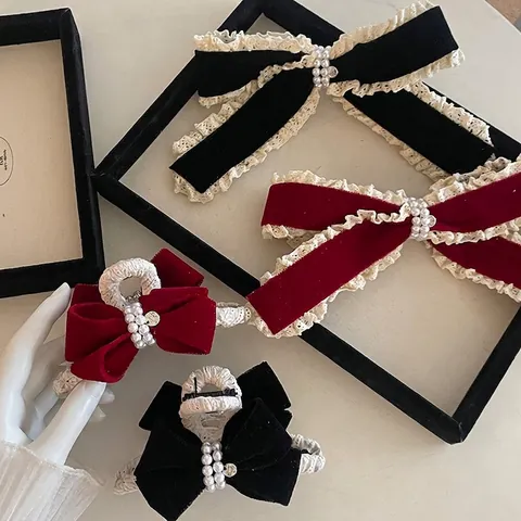 Fermaglio per Capelli Fiocco in Velluto e Pizzo Vintage Elegante Stile Francese con Perle Artificiali per Donna Accessori Capelli