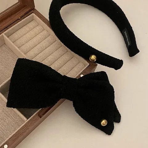 Elegant Black Tweed Bowknot Headband With Gold Buckle Decoration Handmade Fashion OL Style Hair Accessories For Women Daily